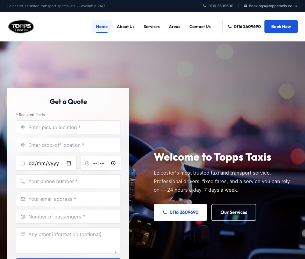 Topps Taxis website homepage, showing the booking quote form and hero section
